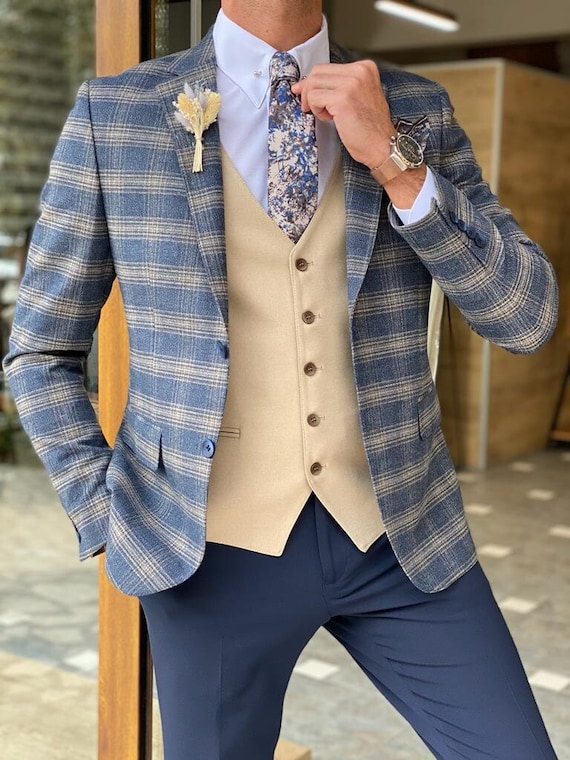 Men Suits Blue 3 Piece Slim Fit Two Button Wedding Groom Party Wear Coat  Pant, Gift Him, Men Blue Suit, Blue Slim Fit Plaid Check Wool Suit -   Sweden