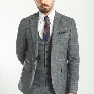 GENT WITH Men Gray Slim Fit Notch Lapel 3 Piece Check Suit, Men Suit Jacket Vest Pants