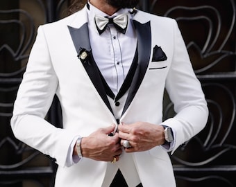 Men&#39;s Suits White 3 Piece Slim Fit One Button Wedding Groom Party Wear Coat Pant, Groom White Suit, White Slim Fit Peak Lapel Wedding Tuxedo