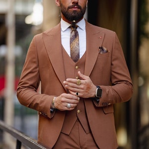 Men Suits Rust 3 Piece Slim Fit One Button Wedding Groom Party Wear Coat Pant, Rust Suit for Men, Rust Slim Fit Italian Designed Suit