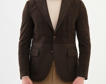 Black Brown Slim Fit Notch Lapel Men’s Plaid Wool Blazer - Blazers for Special Occasions