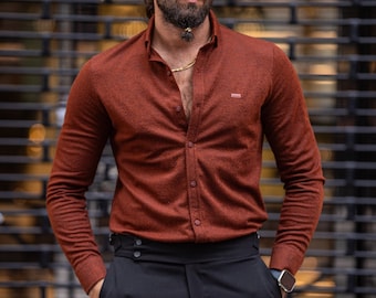 Tile Brown Cotton Shirt: Men's Slim Fit Button Down - Etsy