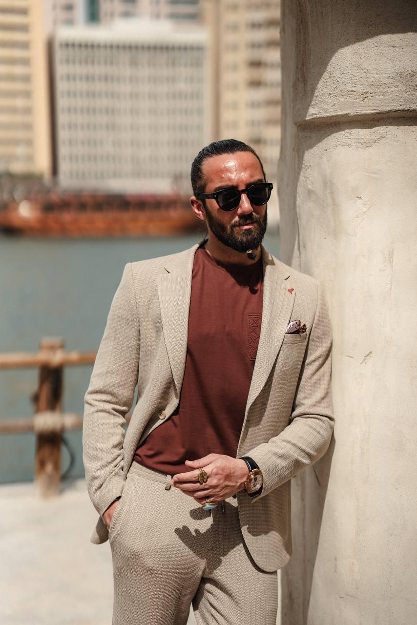 modern formal dress for men Men's Beige Patterned Suit: Slim Fit, Wear Elegant