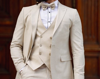 Men's Beige 3-Piece Notch Lapel Tuxedo Suit – Slim Fit For Weddings, Prom, Parties (Jacket, Pants, Vest)