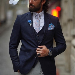 Men Tuxedo Jacket Navy Slim Fit Two Button Dinner Jacket Elegant Coat Blazer, Men Suit Groom Wedding Jacket - Navy Blue Men Jacket Blazer