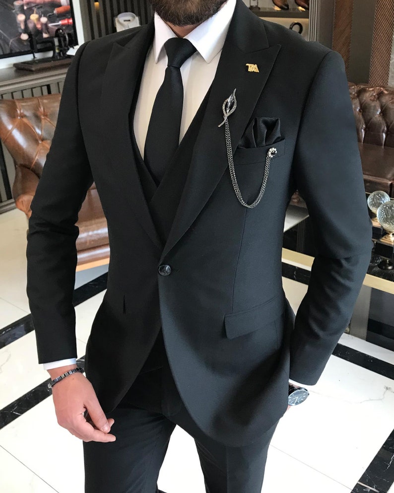 Black Slim-fit Italian Cut Suit Mens Suit Black 3 Piece Suit Wedding ...