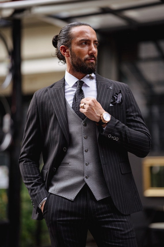 Blue 3 pieces italian fashion groom suit with black peak lapel - Ottavio  Nuccio Gala
