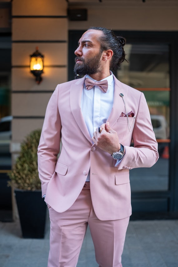 Pink Slim Fit Suit: Two-Button Peak Lapel Wedding Tuxedo
