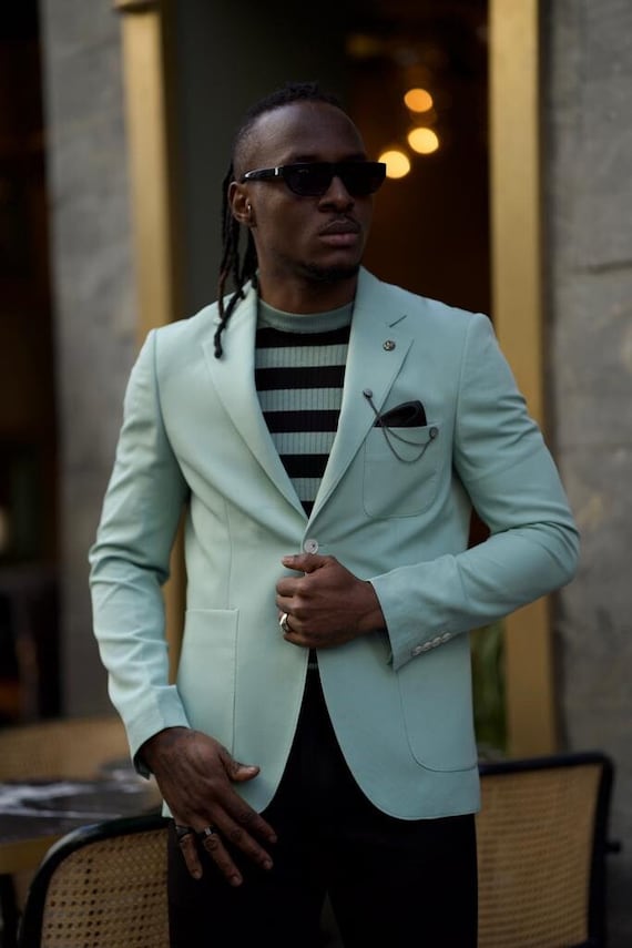 mint green dress jacket Mint Green Linen Blend Blazer: Slim Fit Tuxedo Jacket
