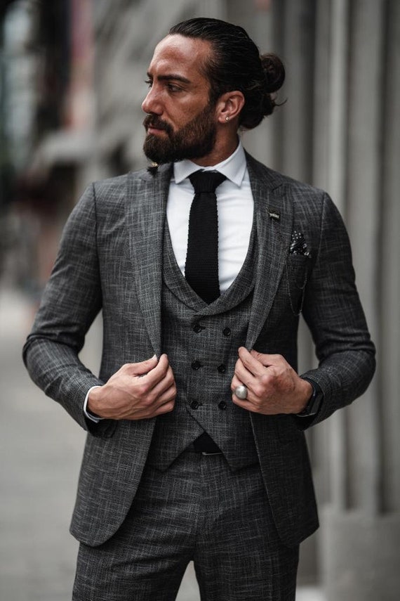 Men Suits Gray 3 Piece Slim Fit One Button Wedding Groom Party Wear Coat  Pant, Gray Suit for Men, Gray Slim Fit Italian Suit 