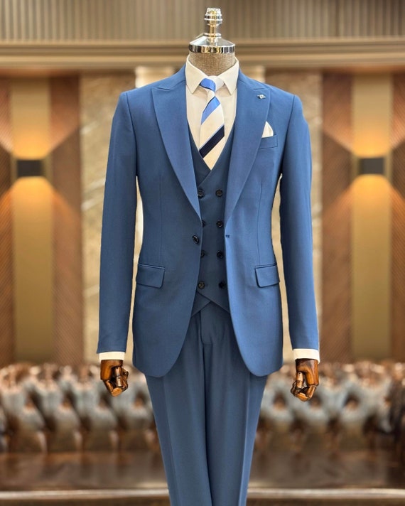 GENT WITH Men Slim Fit 3 Piece Blue One Button Suit Men Party Suit Men Suit Vest Pants Men Date Night Suit Blue Wedding Groom Suit Etsy UK