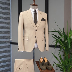 Men Suits Beige 3 Piece Slim Fit Two Button Wedding Groom - Etsy