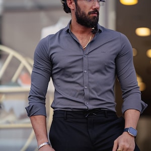 Gray Slim Fit Cotton Shirt - Long Sleeve Button Shirt