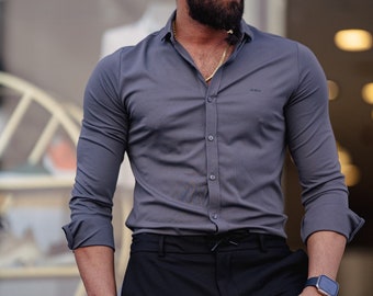 Gray Slim Fit Cotton Shirt - Long Sleeve Button Shirt