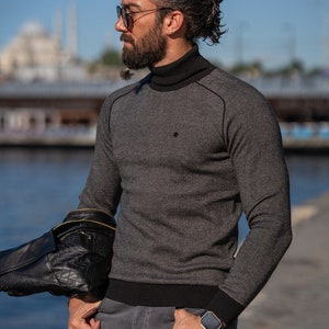 Men&#39;s Long Sleeve Knitted Shirt, Men&#39;s Black Turtleneck Shirt, Gift for him, Black Slim Fit Turtleneck Sweater
