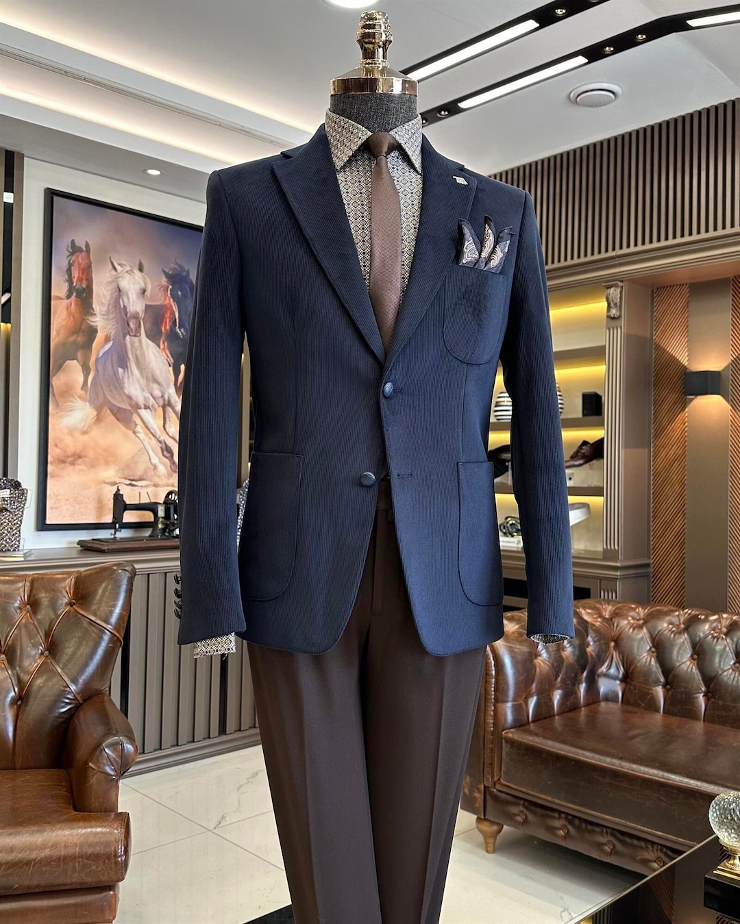 Men Navy Blue Corduroy Velvet Blazer, Slim Fit Two Button Blue Dinner