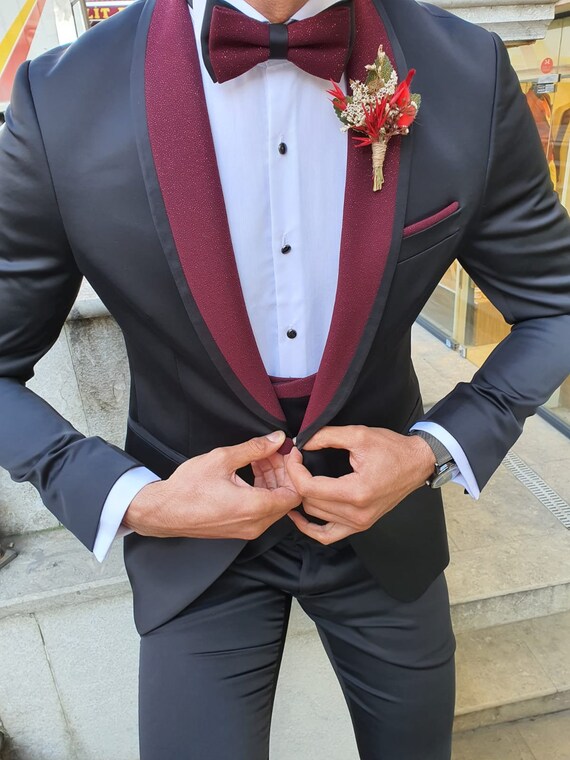 Men Suits Black 3 Piece Slim Fit One 