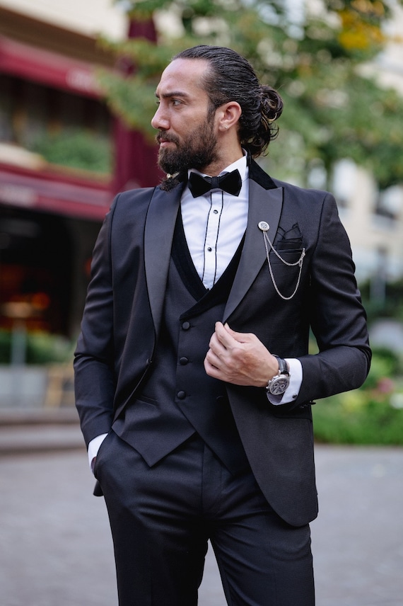 Men Suits Black 3 Piece Slim Fit One Button Wedding Groom Party
