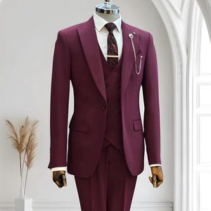 GENT WITH Men Slim Fit 3 Piece Burgundy One Button Suit - Men Party Suit - Suit Vest Pants - Date Night Suit - Burgundy Wedding Groom Suit