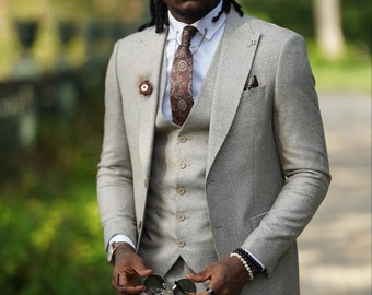 Abiti da uomo beige, 3 pezzi, vestibilità slim, due bottoni, da sposo, da cerimonia, giacca e pantalone, abito beige da uomo, abito beige slim fit di design italiano