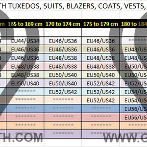 May include: A size chart for men's suits, tuxedos, blazers, coats, vests, and jackets. The chart shows the corresponding European (EU) and US sizes for different heights and weights in centimeters and kilograms. The chart also includes the website address www.gentwith.com.