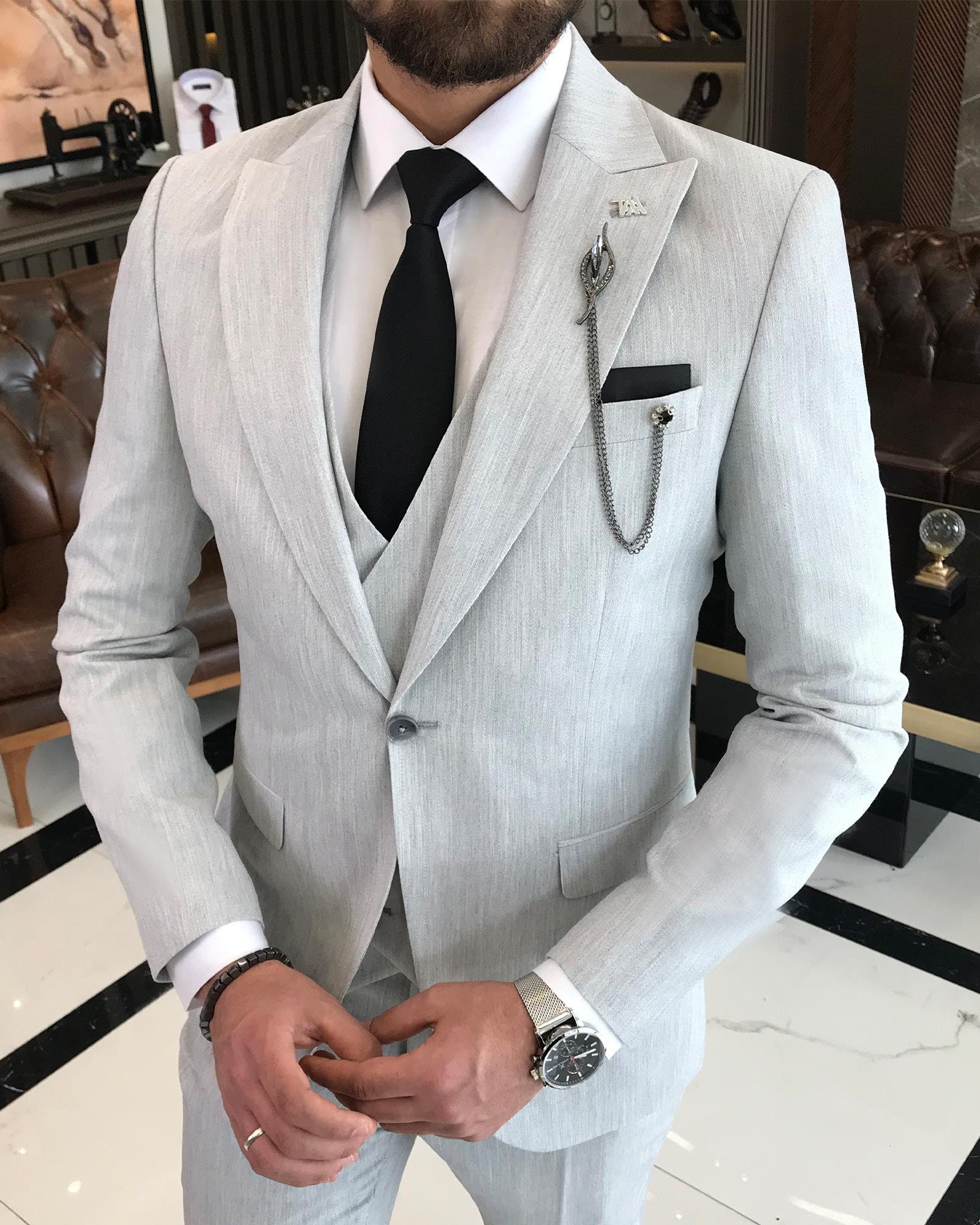 Traje gris de corte italiano entallado Traje de hombre Traje gris de 3 piezas Traje de boda Traje gris de corte entallado Traje para una cita nocturna Traje de novio gris