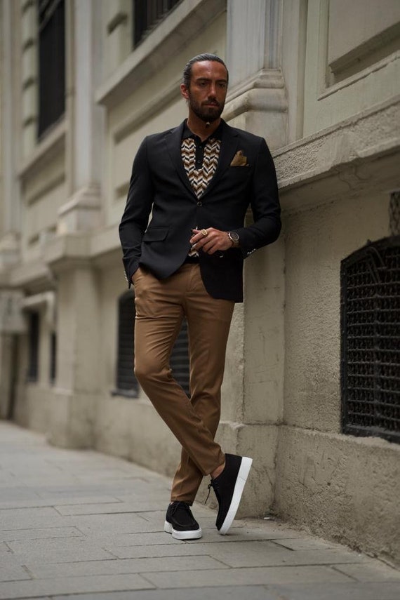 black blazer and brown shoes