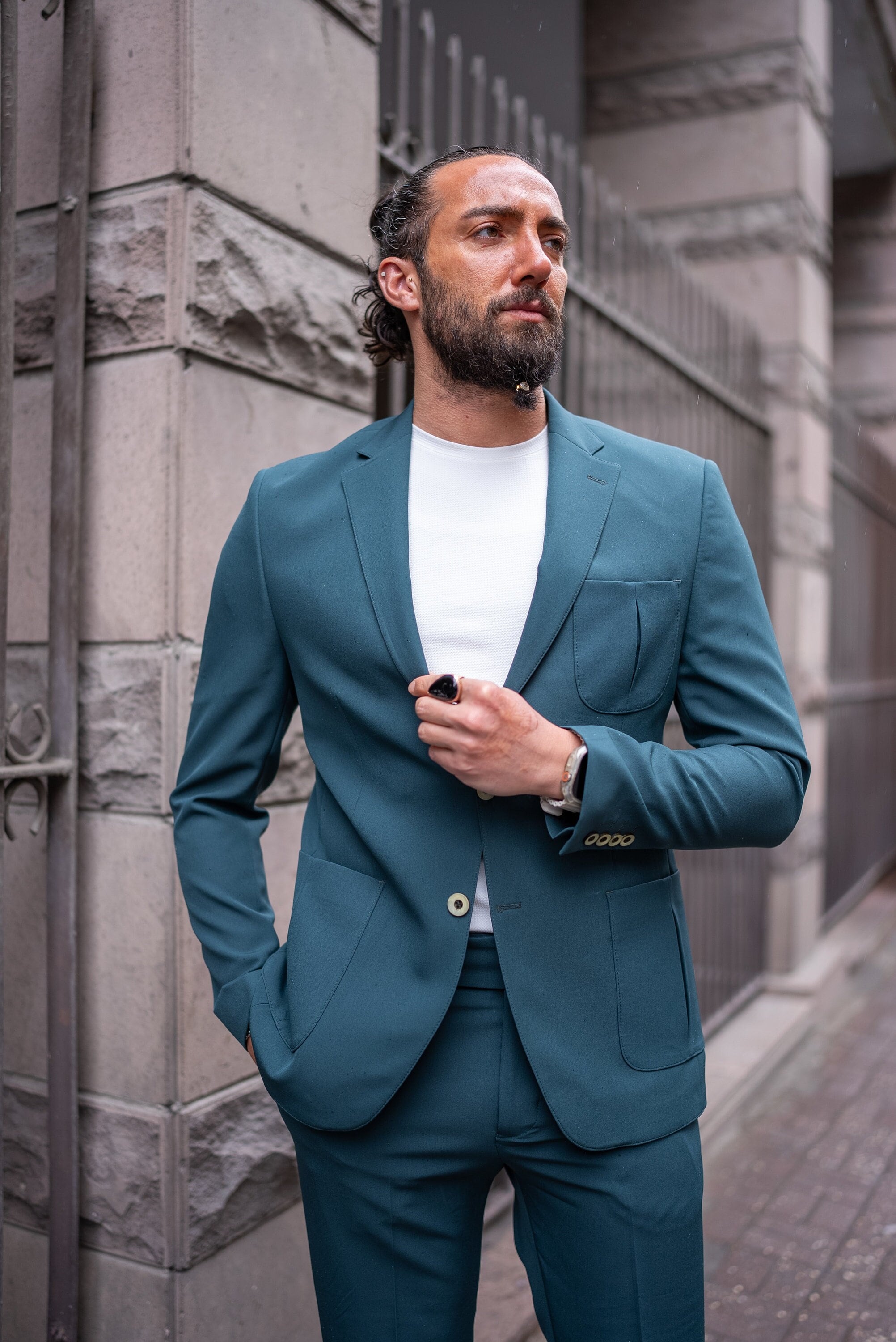 slim fit dress slacks Blue Suit & Green Tie | Suits for Weddings main image 1