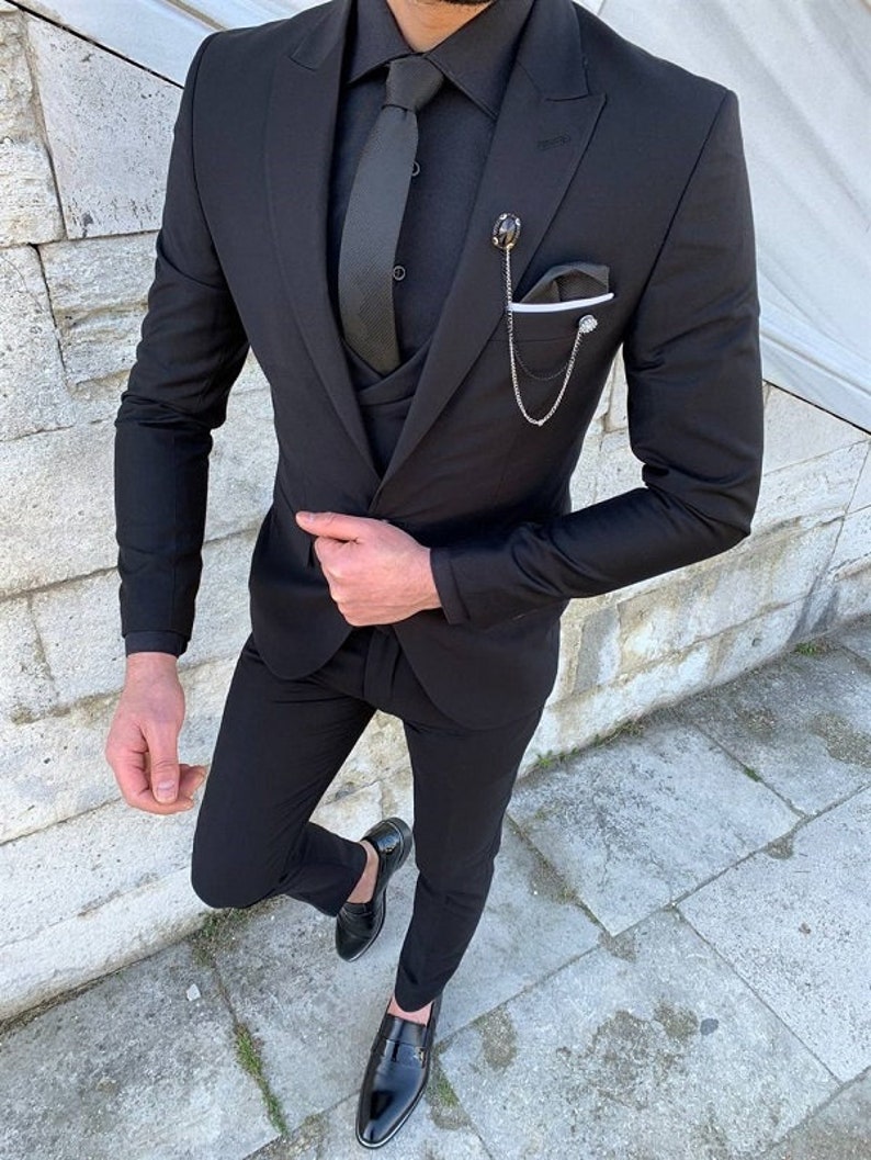 Black Slimfit Italian Cut Suit Mens Suit Black 3 Piece Etsy