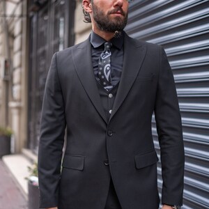 GENT WITH Black 3 Piece Suit Slim Fit Two Buttons Wedding Groom Party Wear Coat Pant, Black Suit for Men, Black Slim Fit Peak Lapel Suit