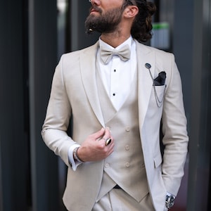 Men&#39;s Suit Pants 3 Piece Slim Fit One Button Wedding Groom Party Wear Coat Pants, Groom Beige Suit, Beige Slim Fit Prom Wedding Tuxedo