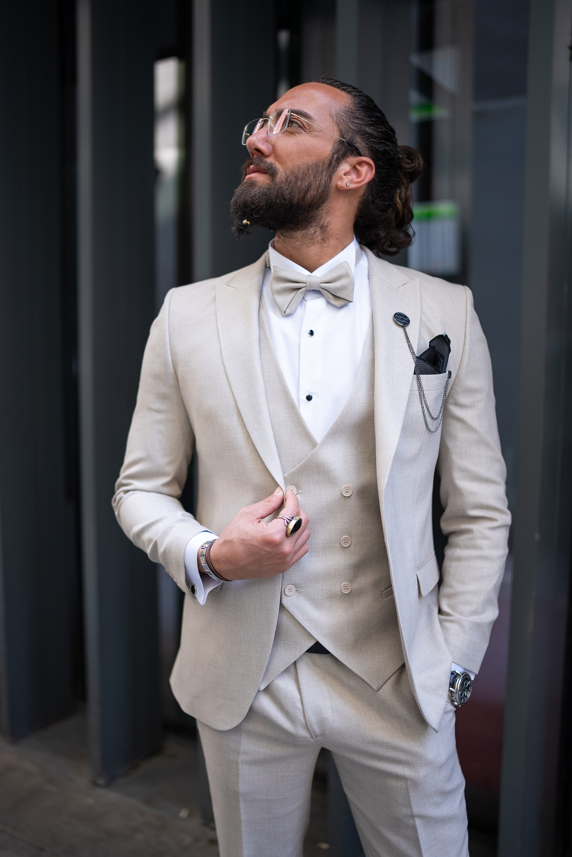 Men's Suit Pants 3 Piece Slim Fit One Button Wedding Groom Party Wear Coat Pants, Groom Beige Suit, Beige Slim Fit Prom Wedding Tuxedo