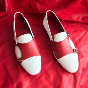 GENT WITH Men White Loafers, Wedding Groom Party Wear Shoes, Men White and Red Shoes, Groom Red Shoes, White Double Monk Strap Loafers