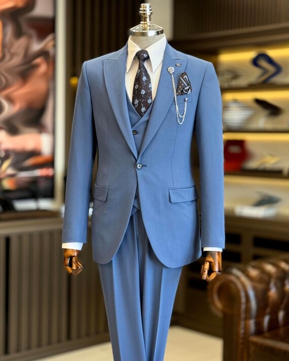 Costume Homme Tiglio Bleu - Taille 44 Long - Slim Fit - Laine - Occasion TB