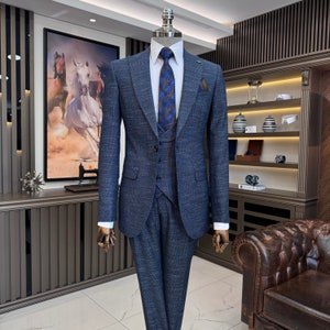 Navy Blue Slim-Fit Italian Cut Suit - Men’s Suit - Navy 3 Piece Suit - Wedding Suit - Navy Slim-Fit Suit - Date Night Suit - Groom Suit Blue