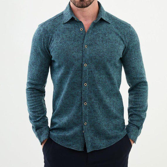 fitted lace wedding dress Men's Teal Slim Fit Solid Party Wear Shirt – TIGC main image 0