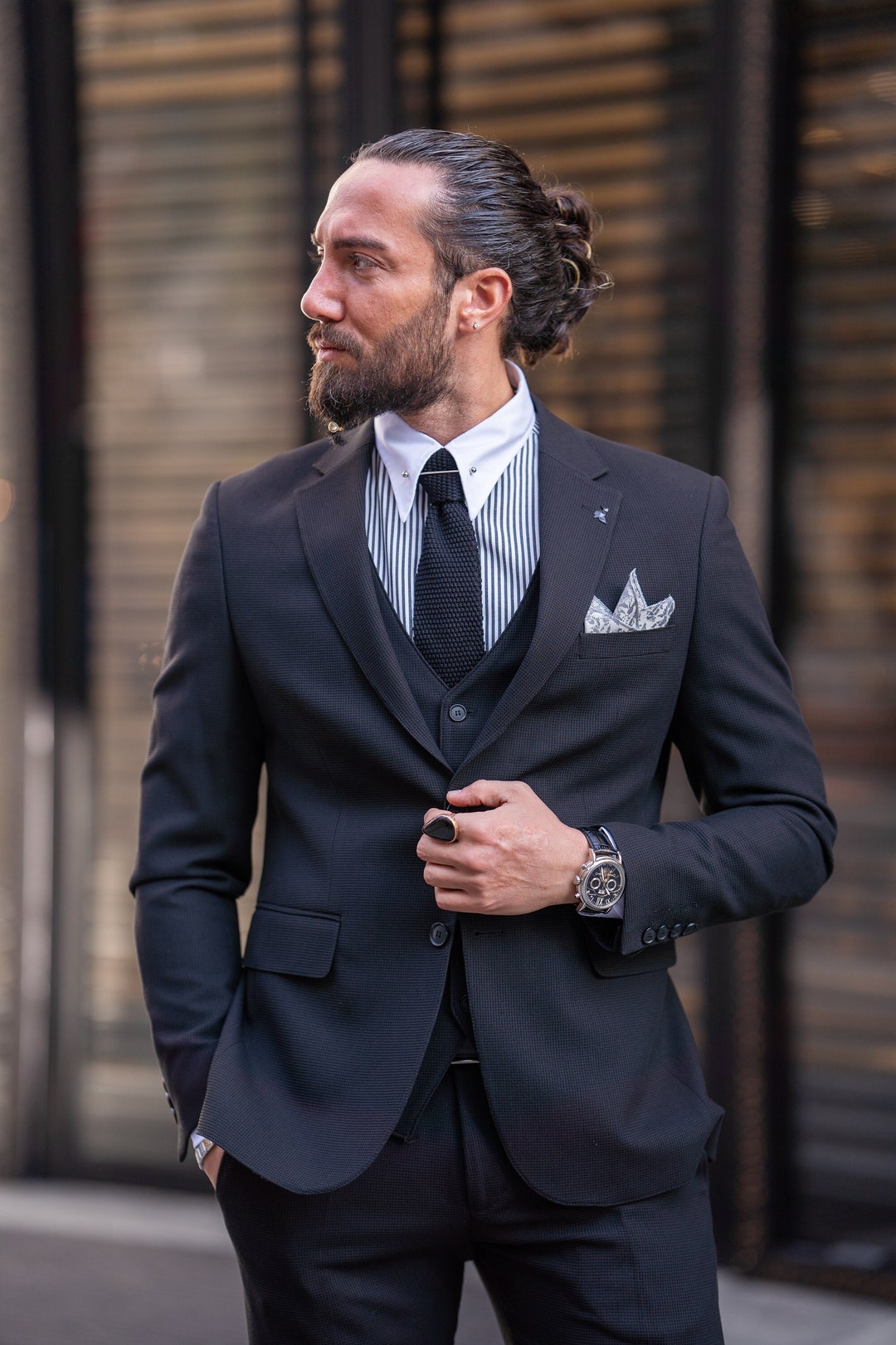 Piece Traje Negro Slim Fit Hombre Traje De Piezas Slim Fit Para - Main Image