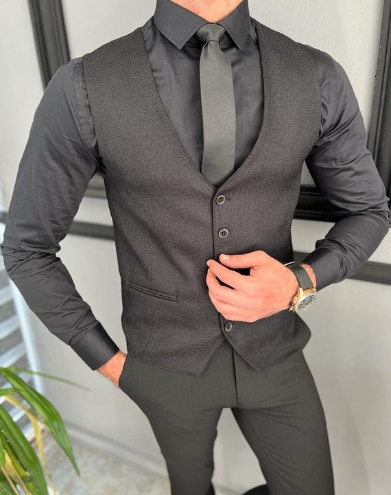 black dress vest mens Slim Fit Wool Blend Vest: Men's Wedding Waistcoat Whether its a wedding BODY LENGTH:134CM long sleeve black prom Color:As Photo(Navy Blue)