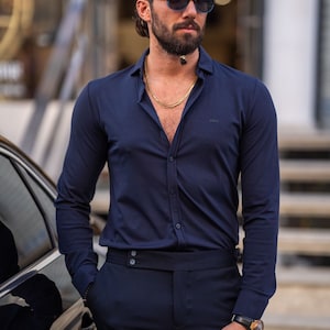 Men Shirts ~ Shirts for Men ~ Button Shirts ~ Navy Blue Dress Shirts, Slim fit Shirts, Navy Blue Shirt, Blue Slim Fit Long Sleeve Shirt