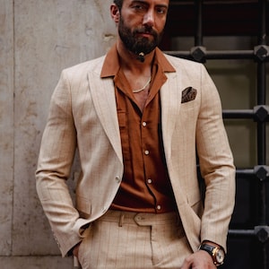 Men Suits Beige 2 Piece Pinstripe Slim Fit Two Button Wedding Groom Party Wear Coat Pant, Beige Suit for Men, Beige Slim Fit Italian Suit