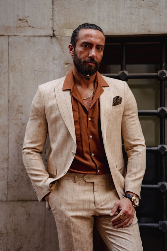 Costumes pour hommes Beige 2 pi ces Pinstripe Slim Fit Deux