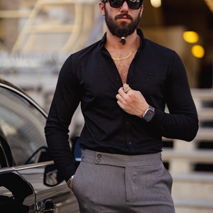 Men Shirts ~ Shirts for Men ~ Button Shirts ~ Collar Shirts, Slim fit Shirts, Black Shirt, Black Slim Fit Long Sleeve Cotton Shirt
