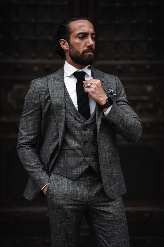 Men Suits Gray 3 Piece Slim Fit One Button Wedding Groom Party