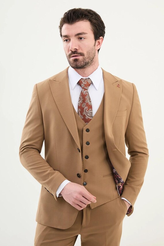 Elegant Camel Slim Fit 3-piece Suit for Men  Wedding & Formal Wear | GENT  WITH SUITS - Etsy Israel