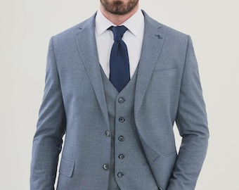 Marineblauer Dreiteiler : Hochzeitsanzug aus Baumwollleinen mit schmaler Passform