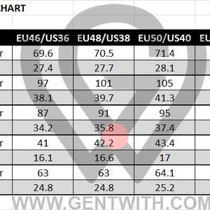 May include: Suit jacket and vest measurement chart with size conversions in centimeters and inches for EU and US sizes. The chart includes measurements for back length, chest, waist, shoulder, and sleeve.