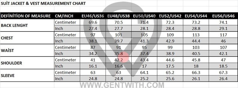 May include: Suit jacket and vest measurement chart with size conversions in centimeters and inches for EU and US sizes. The chart includes measurements for back length, chest, waist, shoulder, and sleeve.