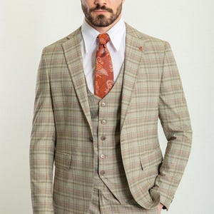 GENTWITH Men Camel Orange Slim Fit Notch Lapel Plaid 3 Piece Wedding Groom Suit