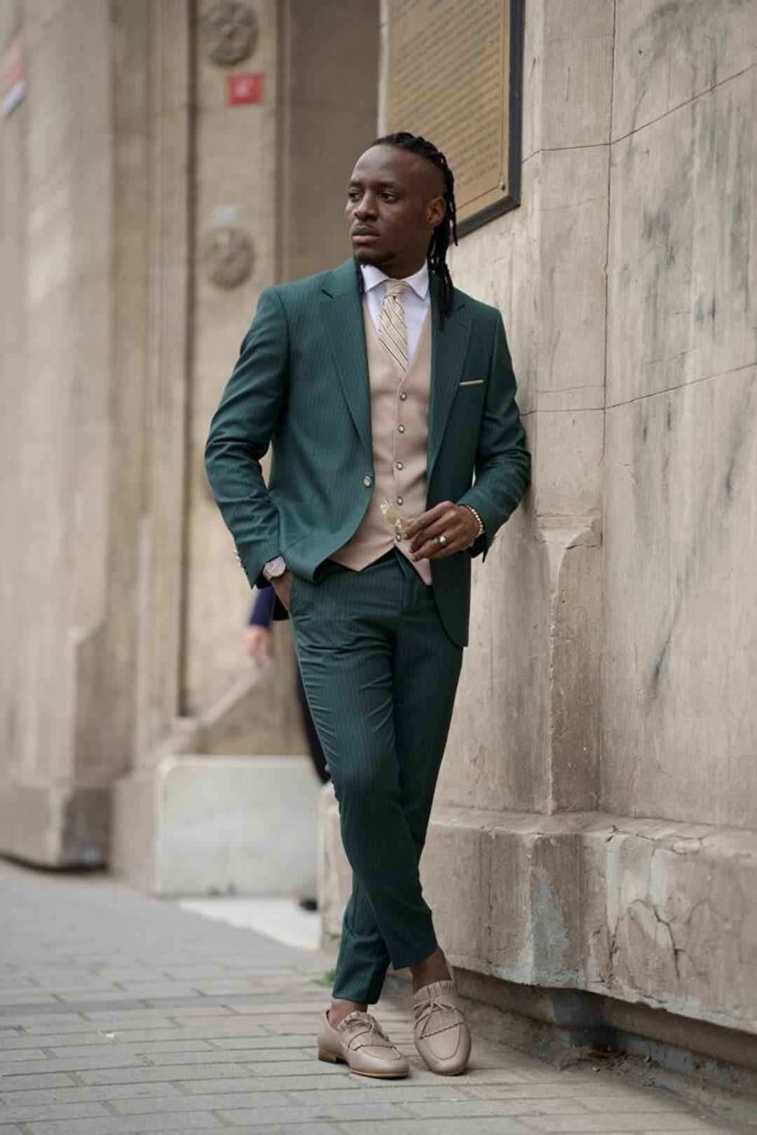 Coat Pant Formal Shoes On Piece Suit Men Suits Green Piece Slim