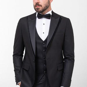 Men&#39;s Suits 3 Piece Slim Fit One Button Wedding Groom Party Wear Coat Vest Pants, Groom Black Suit, Black Slim Fit Prom Peak Lapel Tuxedo